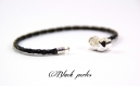 Bracelet style pandora en cuir tressé noir, 19cm, pour perle à grand trou, fermoir à clip- b16