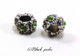 Perle charm style pandora, en métal avec fleurs, et strass vert transparent - m64 