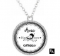 Collier couleur argentée avec pendentif rond + chaine motif avec amour ( 1152 ) - texte, mot, oiseau 