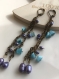 Boucles d'oreilles chaînettes en bronze et perles turquoise et mauve 