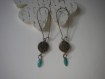 Boucles d'oreilles bronze perle ronde et navette émail turquoise 