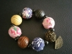 Bracelet japonisant perles tissu liberty, perles bois et bronze 2 