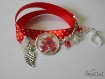 Bracelet en tissus rouge à pois, 2 tours, avec cabochon en verre 2cm, feuille et perle de verre , coquelicot 