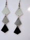 Boucles d'oreilles cuir "sidney" ,forme diamant, blanc noir argenté, bijoux réalisés à la main en france 
