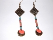 Boucle d'oreille bronze, ethnique couleur corail et turquoise, email epoxy 