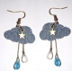 Boucle d'oreille nuage , en jean denim , avec breloque étoile bronze , goutte de pluie en verre bleu et transparence opaque 