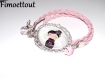 Jolie bracelet simili cuir tresse rose, et perle cristal ton rose,cabochon en verre,jolie kokeshi fuchsia 