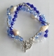Bracelet 3 rangs en perles baroques et cristal bleu et blanc 