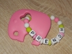 Hochet spécial dentition, prénom au choix, modèle elephant rose baby - blanc - anis 
