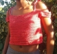 Top tee-shirt femme au crochet, coloris goyave, manches courtes, épaules dénudées 
