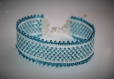 Bracelet manchette bleu et blanc esprit dentelle en perles de rocaille miyuki 11/0 