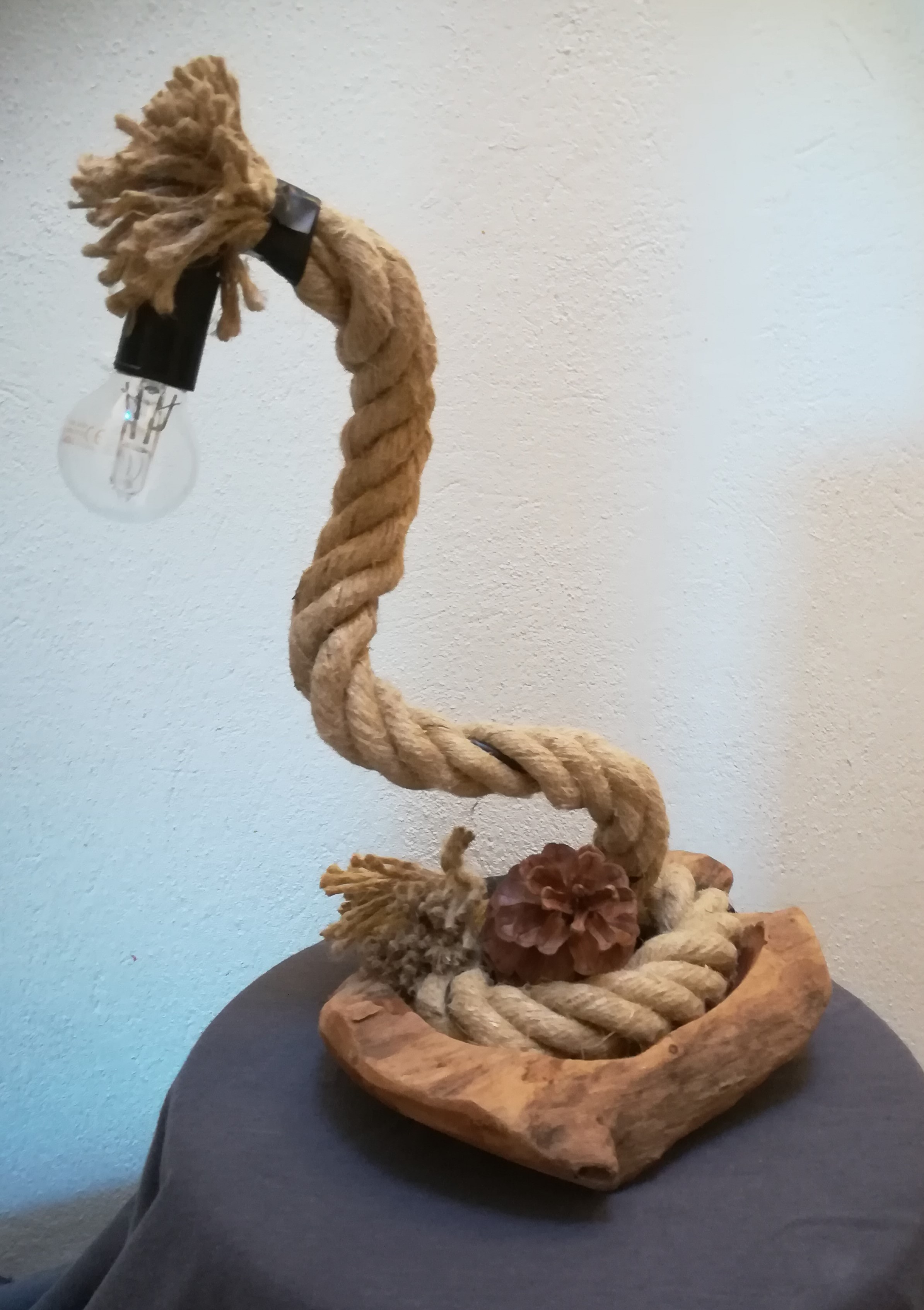 Lampe bois flotté corde lin à poser 40cm h : art-autres ...