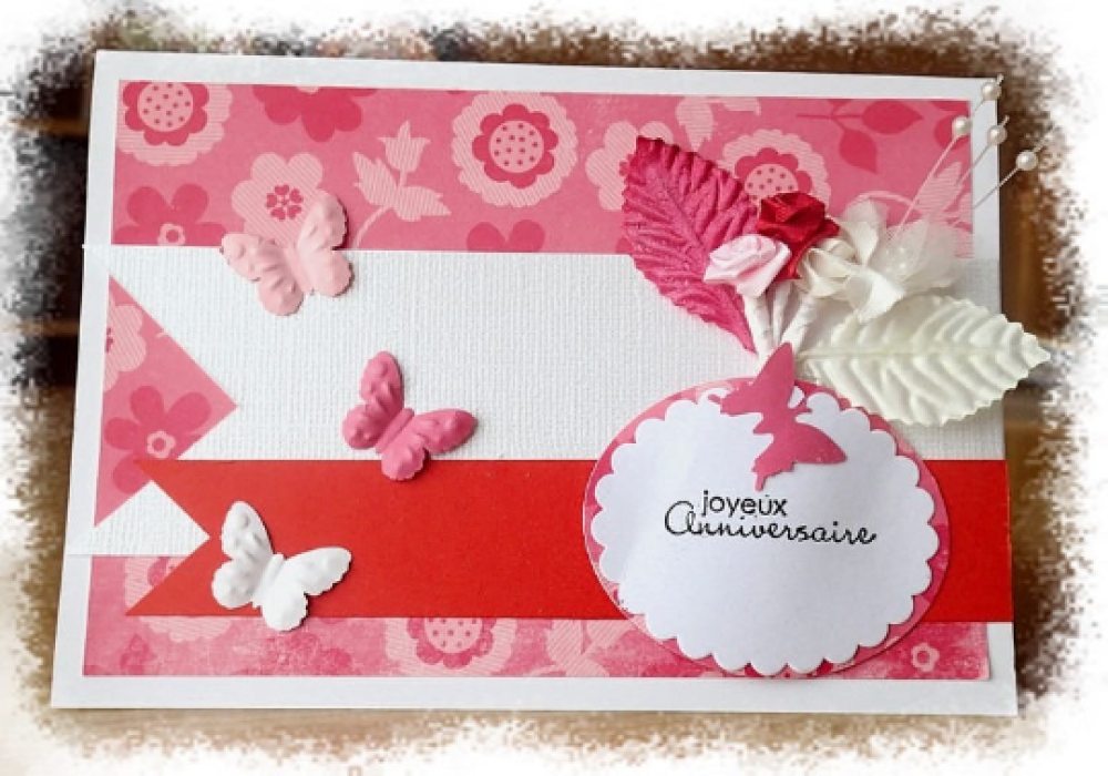 Carte D Anniversaire Fait Main Facon Scrapbooking Papillons Et Bouquet De Roses Par Les Creas De Nina