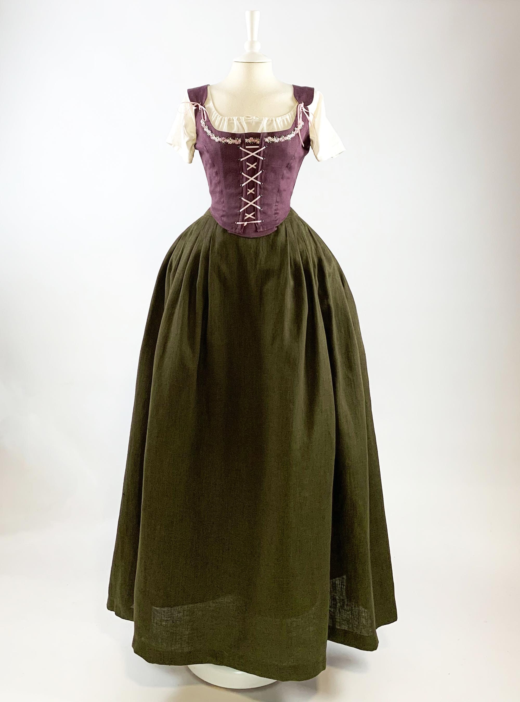 Renaissance dress in dark purple & moss green linen, renaissance fair