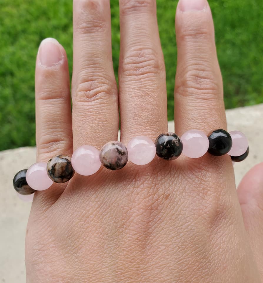 Bracelet perles pierres minérales naturelles 8mm rhodonite quartz rose  chagrin bessures émotionnelles bijou artisanat fait main