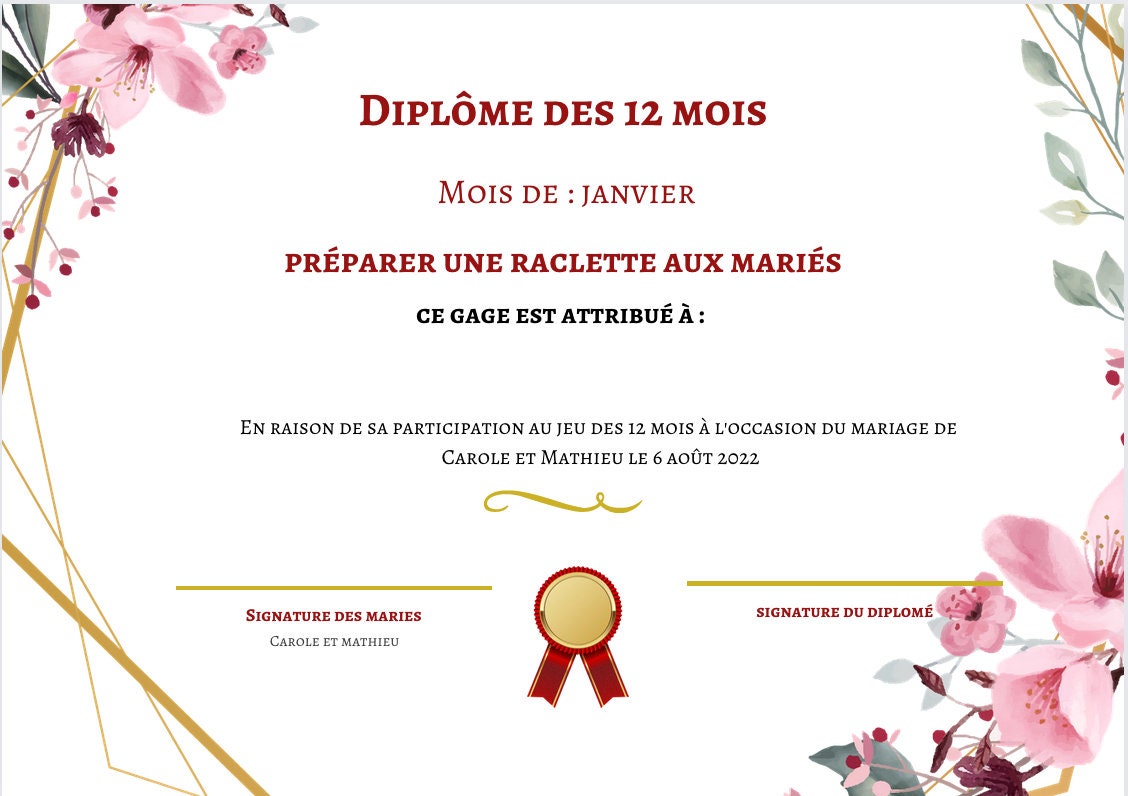 Diplômes jeu des 12 mois à imprimer - mariage : par mamounette_creations