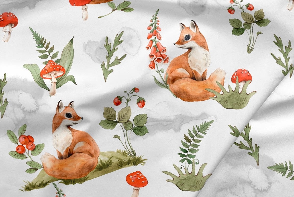 Tissu petits animaux de la forêt : renard 100% coton : par familyfabric