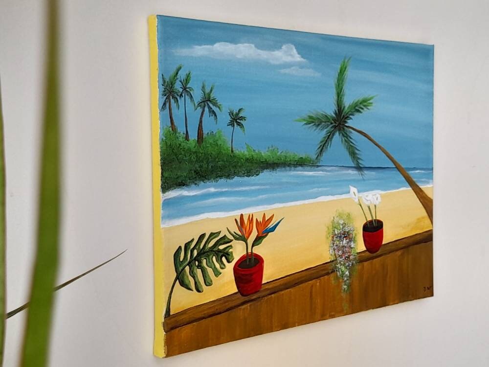 Impression sur Toile Fenêtre Plage Mer Palmiers 120x80 cm XXL