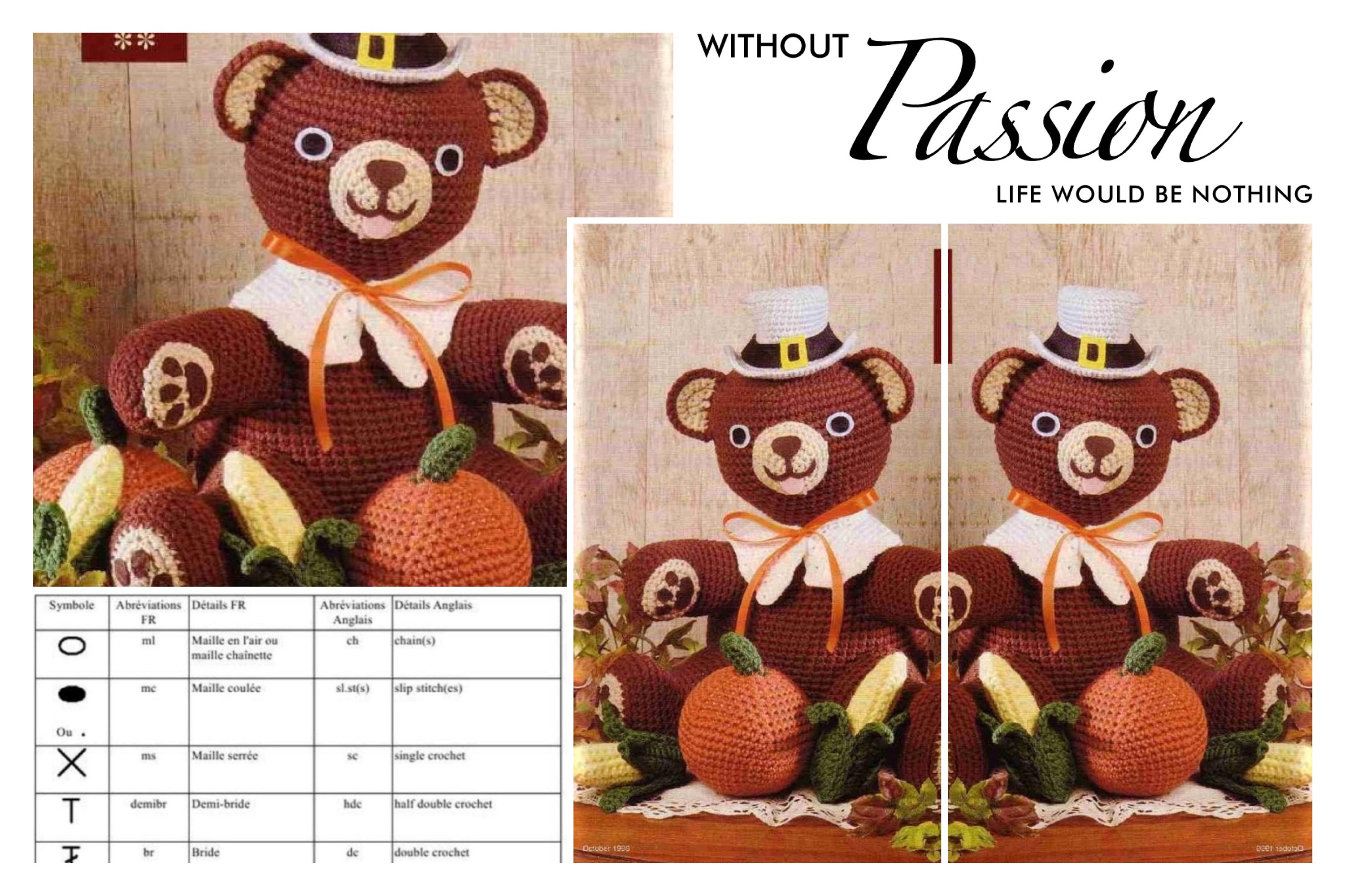 Amigurumi,peluche ourson avec chic chapeau,au crochet pattern anglais,pdf  anglais + symbole légende anglaise française : accessoires-tricot par yulona