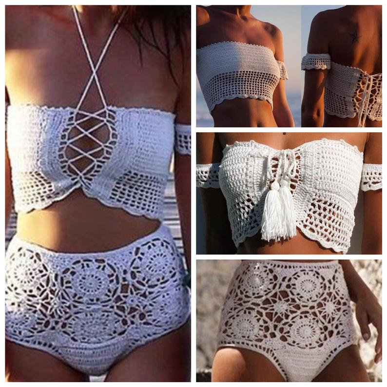 Modèle maillot bain (2 pièces) au crochet coton blanc pour femme.master ...