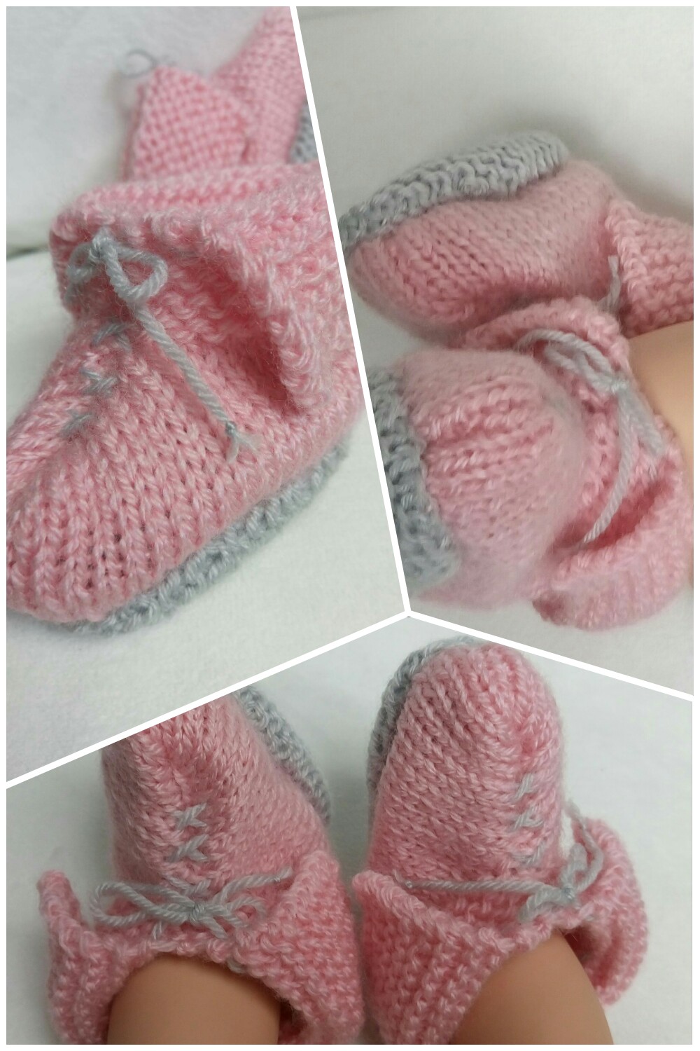 Chaussons Bebe A Revers Et Lacets Rose Et Gris En Laine Acrylique Taille 3 6 Mois Tricot Accessoires Bebe Par Lydie Creativ