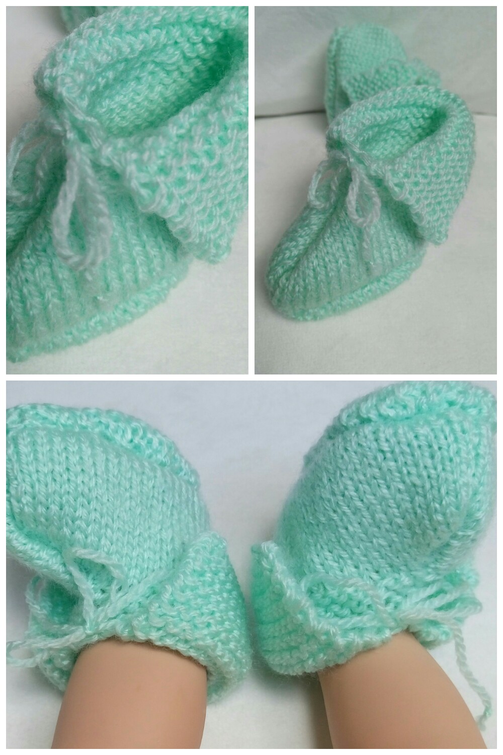 Chaussons Bebe A Revers Et Lacets Vert Emeraude En Laine Acrylique Taille 3 6 Mois Tricot Accessoires Bebe Par Lydie Creativ