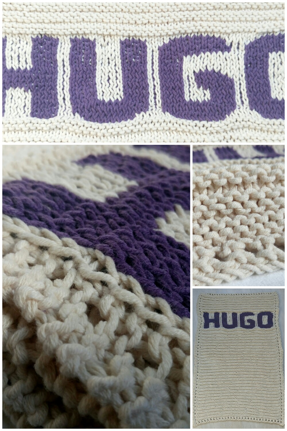 Couverture Bebe Avec Prenom Hugo Beige Et Violet En Coton Melange Tricot Accessoires Bebe Par Lydie Creativ