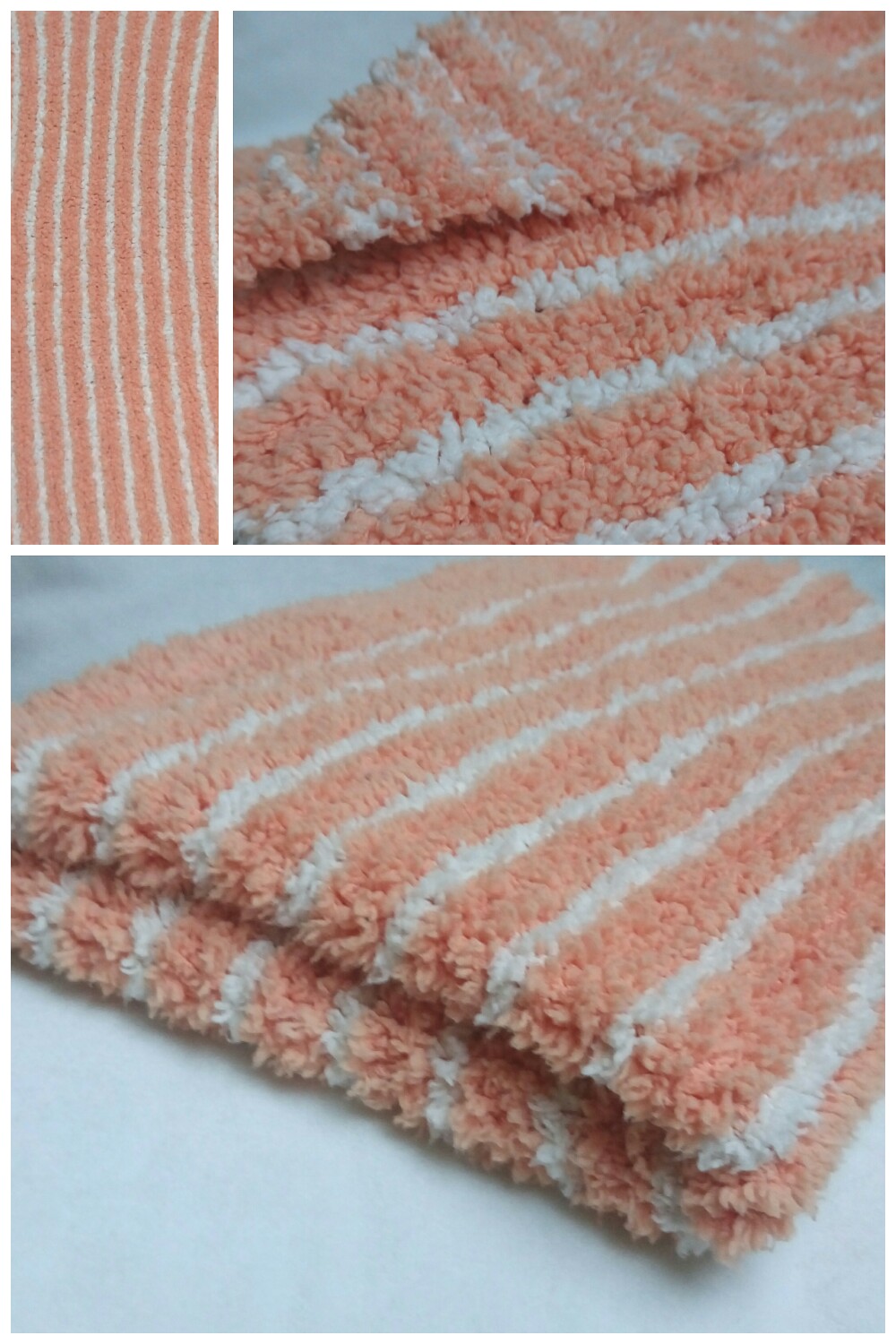 Couverture bébé rayée saumon et écru en laine douce - tricot