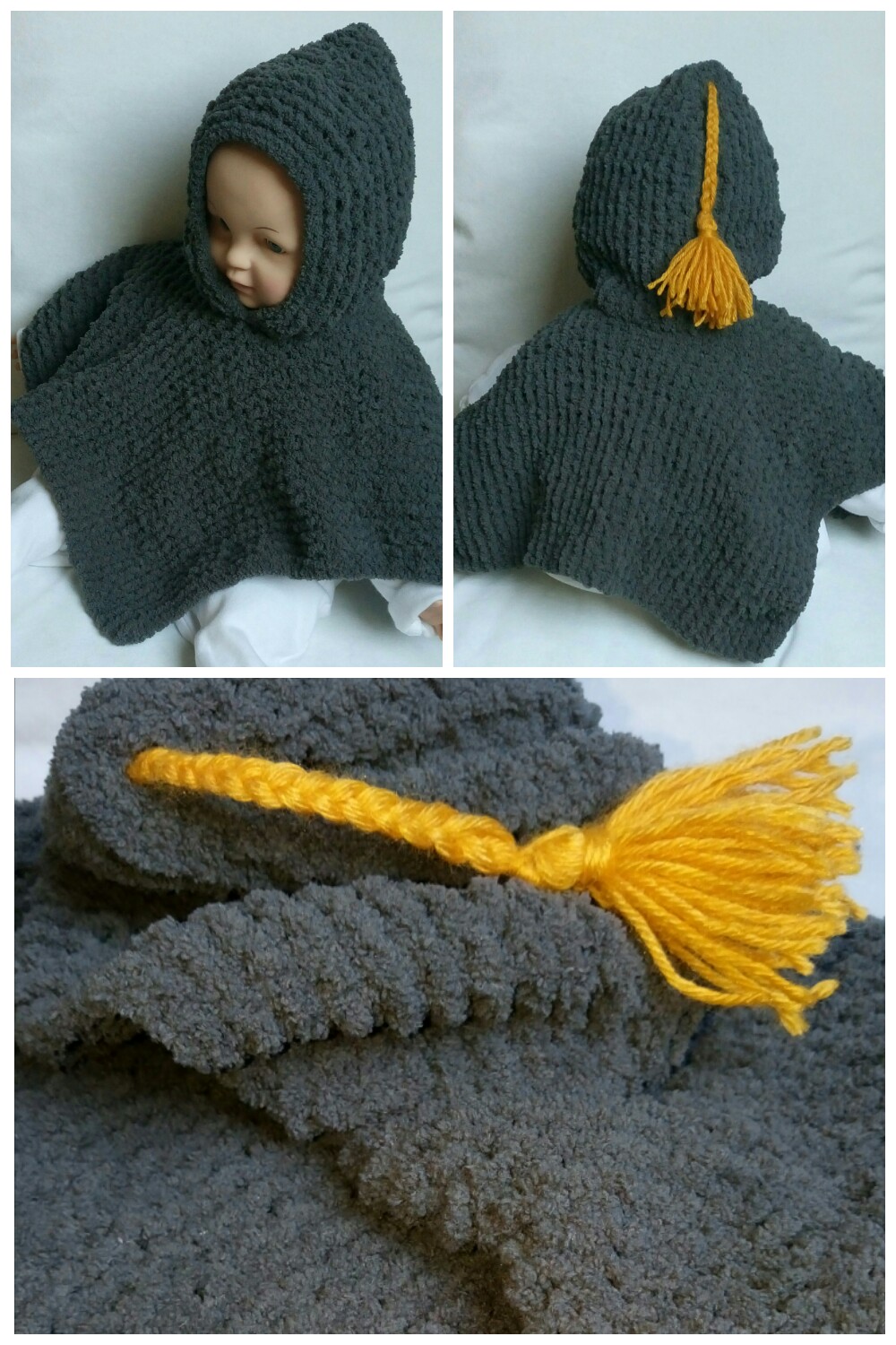 Poncho Bebe A Capuche Et Floche Gris Et Ocre En Laine Douce Taille 3 6 Mois Tricot Enfants Mode Bebe Fille Par Lydie Creativ