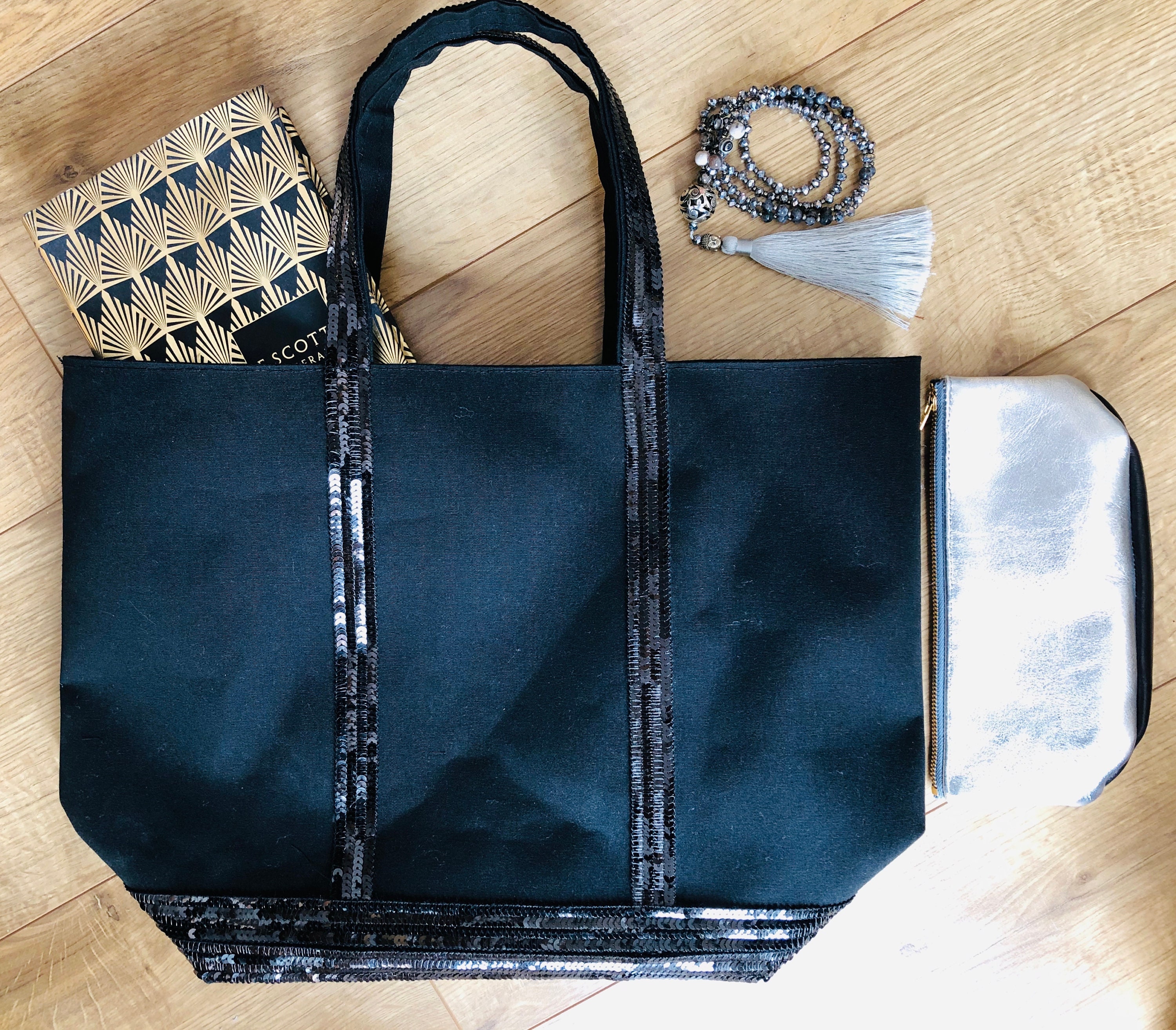 Vanessa bruno style sac cabas - tote bag noir avec sequins - sac portée