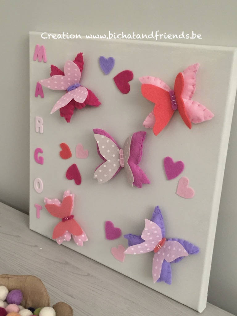 deco chambre enfant, cadre papillons 3D, rose lila beige, personnalisé