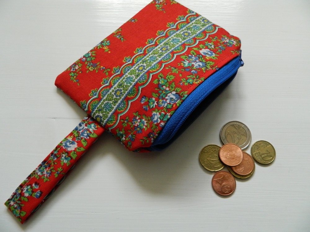 Porte monnaie tissu coton fleuri rouge et bleu, petite pochette