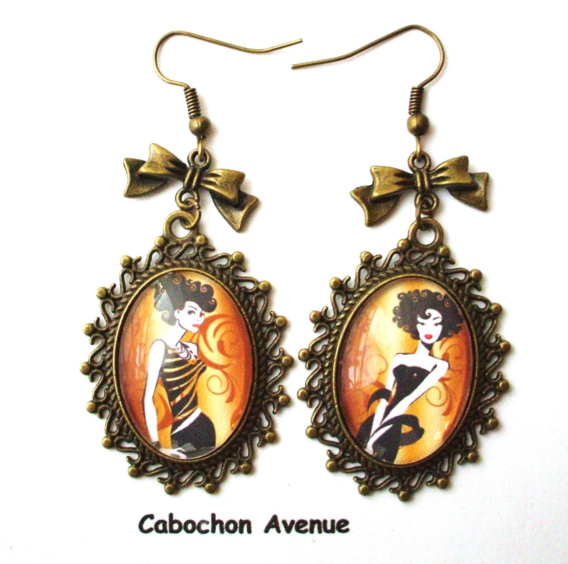 Boucles D'oreilles Pendantes Bronze Et Perles Cabochon 18x25mm - Fait Main, Sans Marque