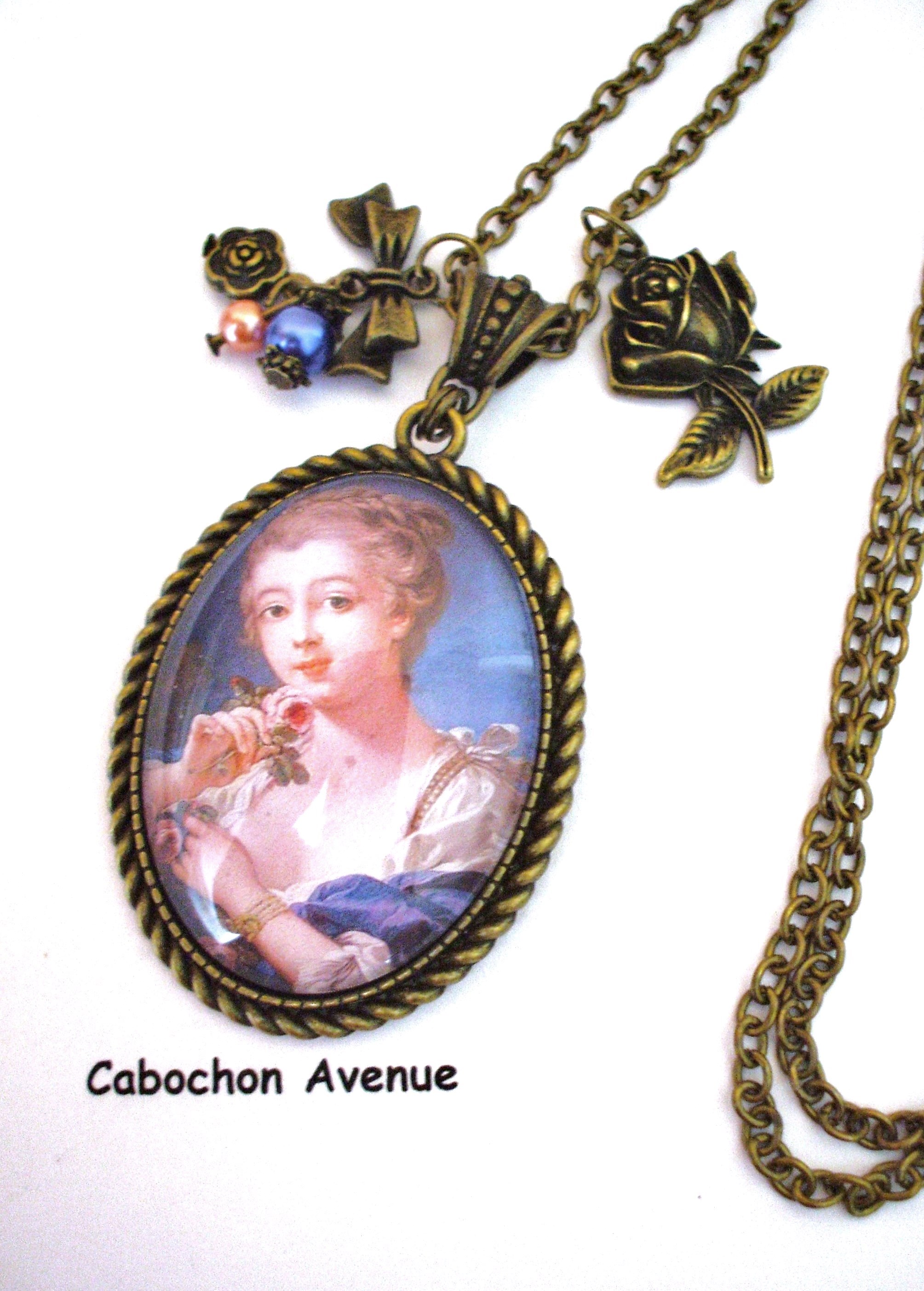 Rose Bijou Portrait Collier Marie Verre B3 Fleur Bleue Robe Femme Pendentif Bronze 766 Cabochon Rétro Antoinette Fantaisie lK3JuTFc51