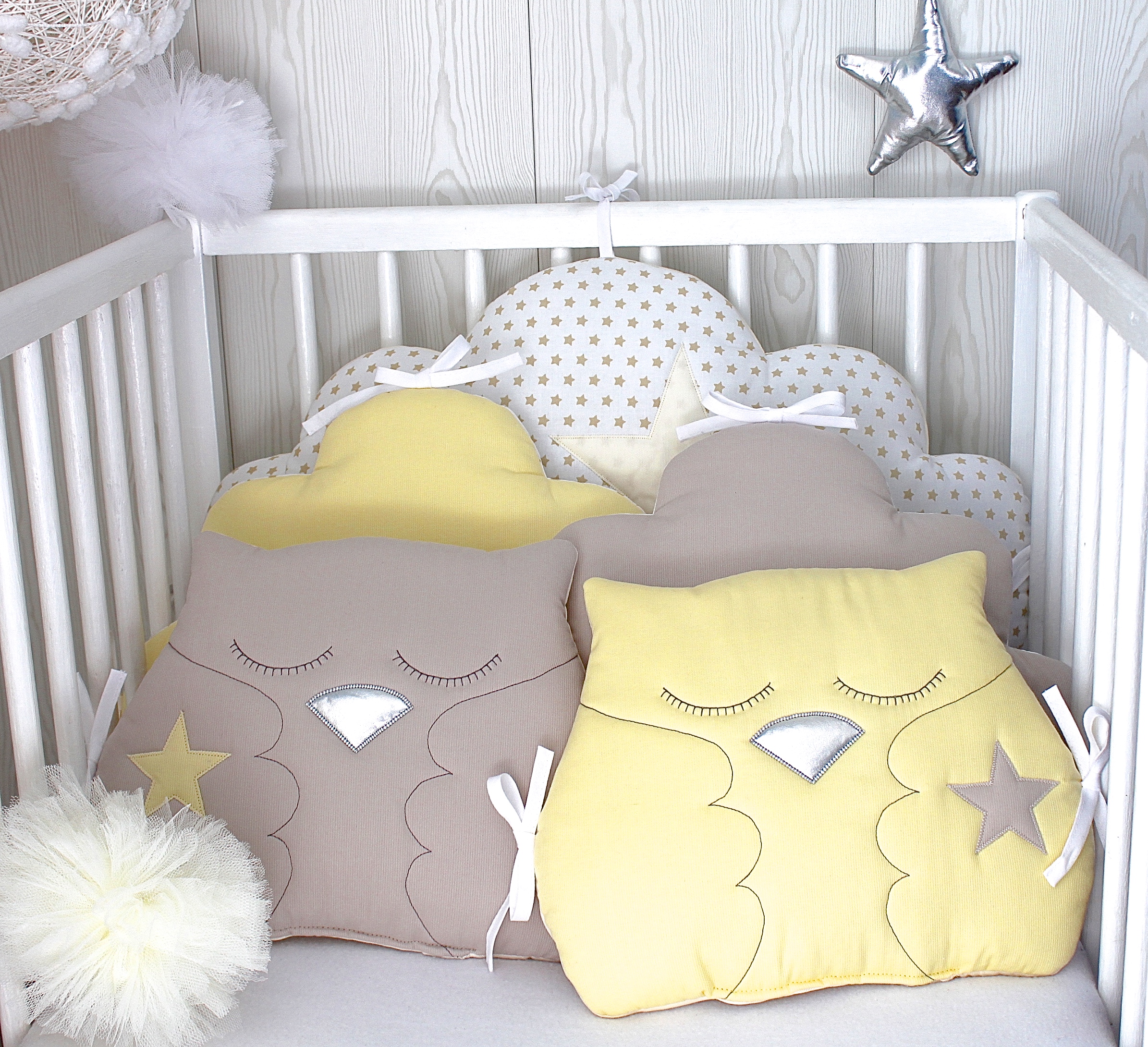 Tour de lit bébé 60cm large, réversible, nuages et hiboux ...