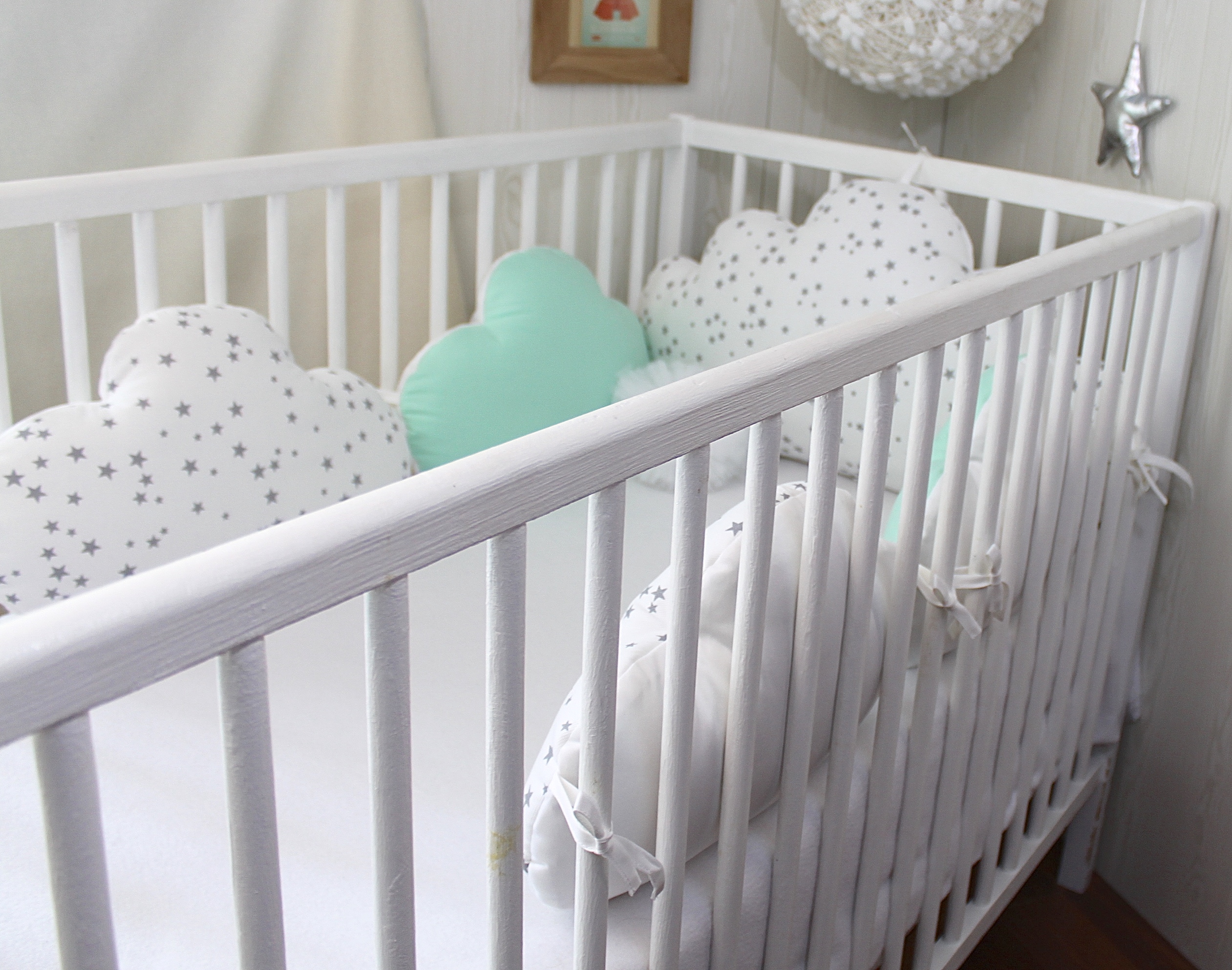 étoiles Blanc/Points Menthe Lit 140x70 TupTam Tour de Lit Bébé Long Rembourré Protection 420x30cm 
