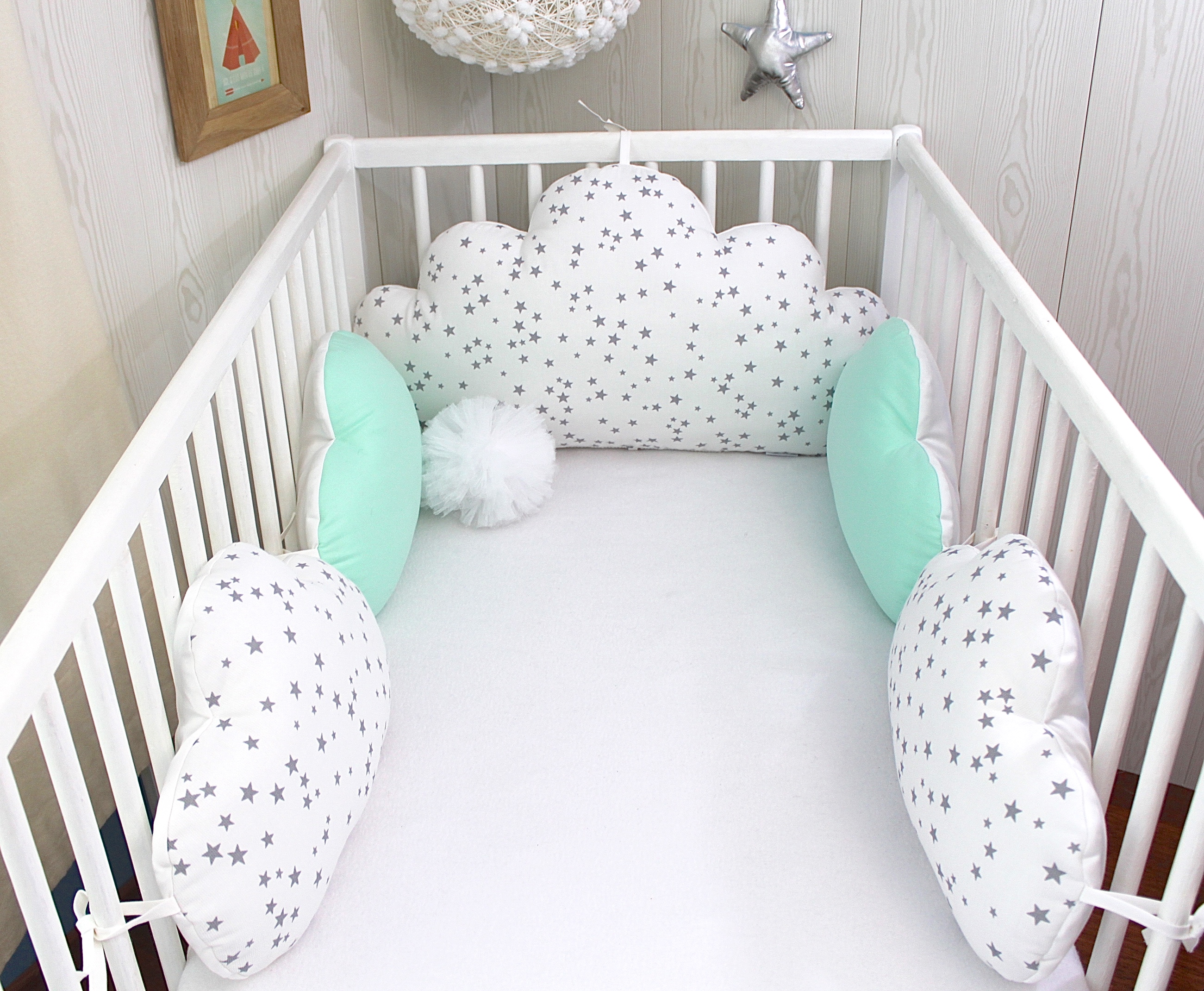 Tour De Lit Bebe 70cm Large Nuages 5 Coussins Blanc A Etoiles Grises Vert Menthe Accessoires Bebe Par Petitlion Tour De Lit Bebe 70cm Large Nuages 5 Coussins Blanc A Etoiles Grises Vert Menthe Accessoires Bebe Par Petitlion