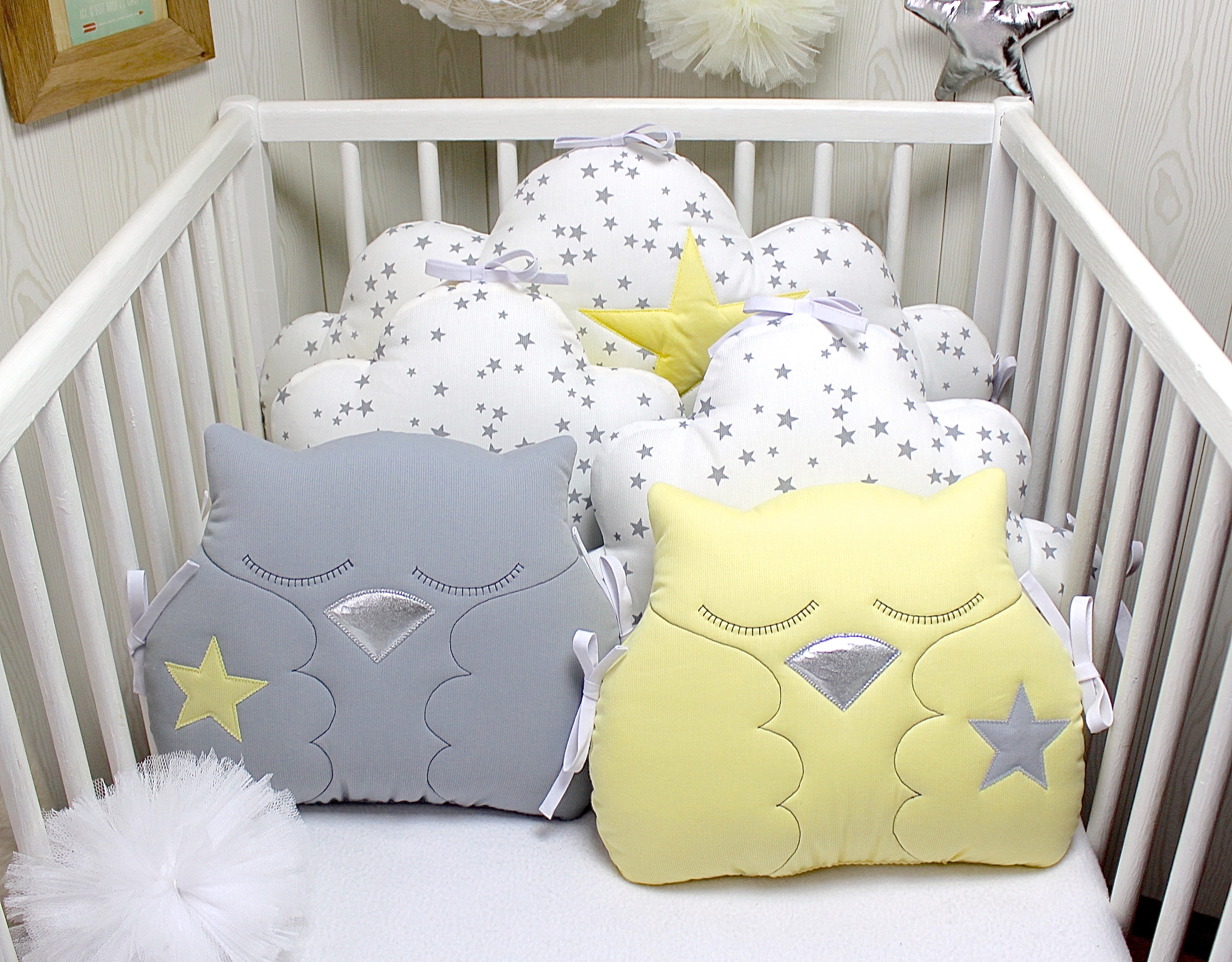 Tour De Lit Bebe 70cm Large Nuages Et Hiboux Gris Et Jaune Accessoires Bebe Par Petitlion