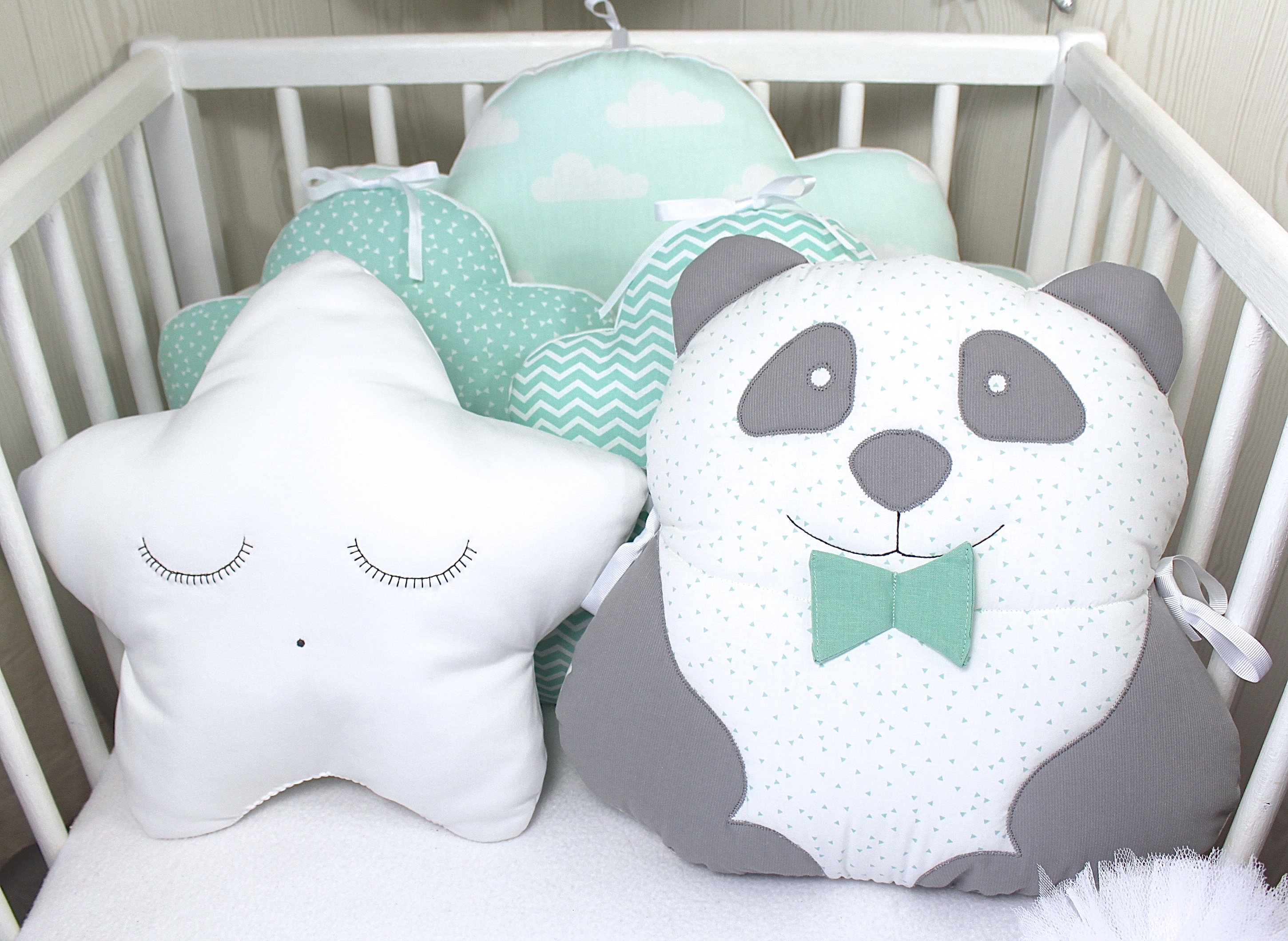 Tour De Lit Bebe En 60cm Large Panda Nuage Et Etoile Vert D Eau Blanc Et Gris Accessoires Bebe Par Petitlion