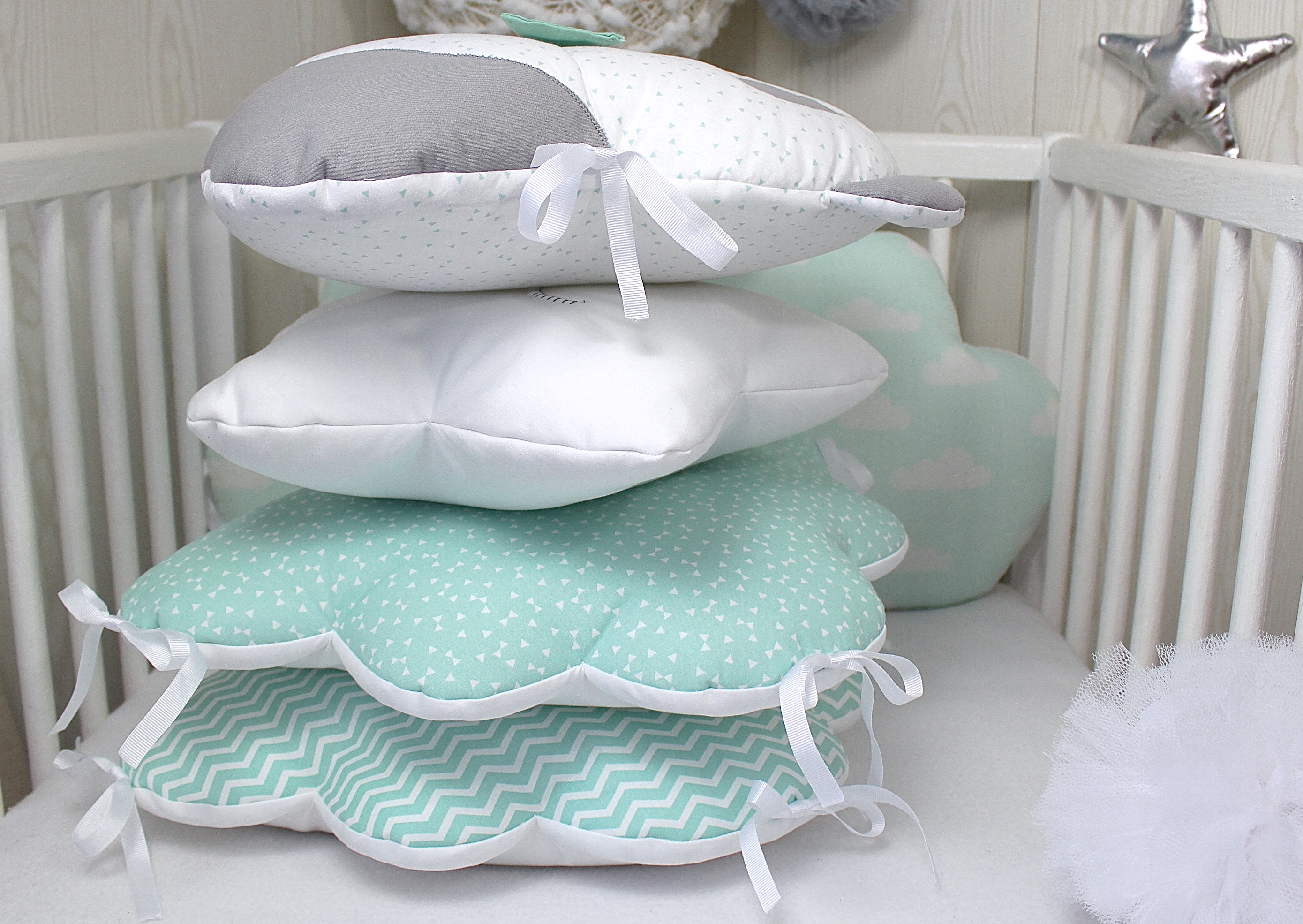 Tour De Lit Bebe En 60cm Large Panda Nuage Et Etoile Vert D Eau Blanc Et Gris Accessoires Bebe Par Petitlion