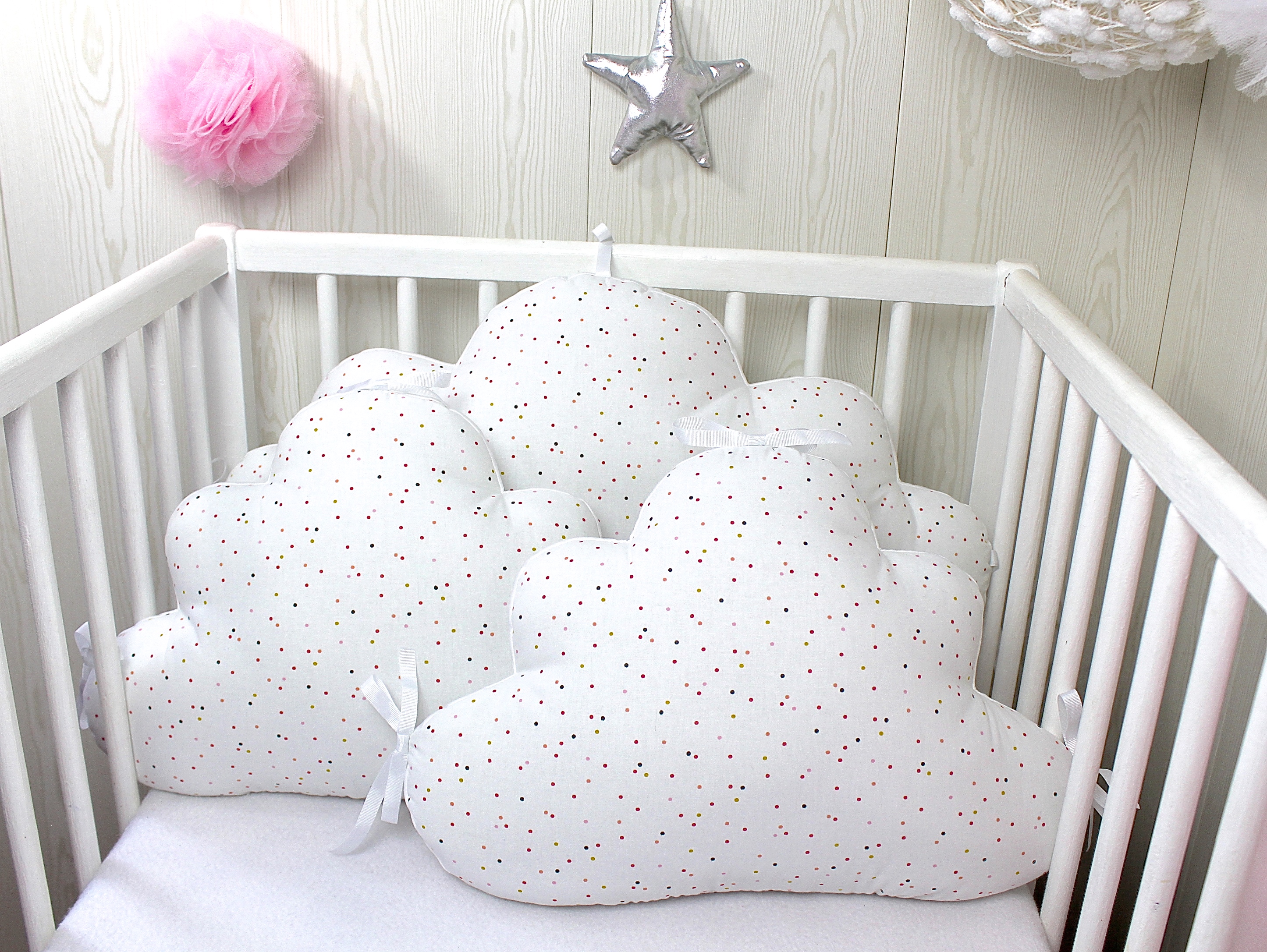 Tour De Lit Bebe En 60cm Large 5 Coussins Lapin Blanc Etoile Et Nuage Accessoires Bebe Par Petitlion