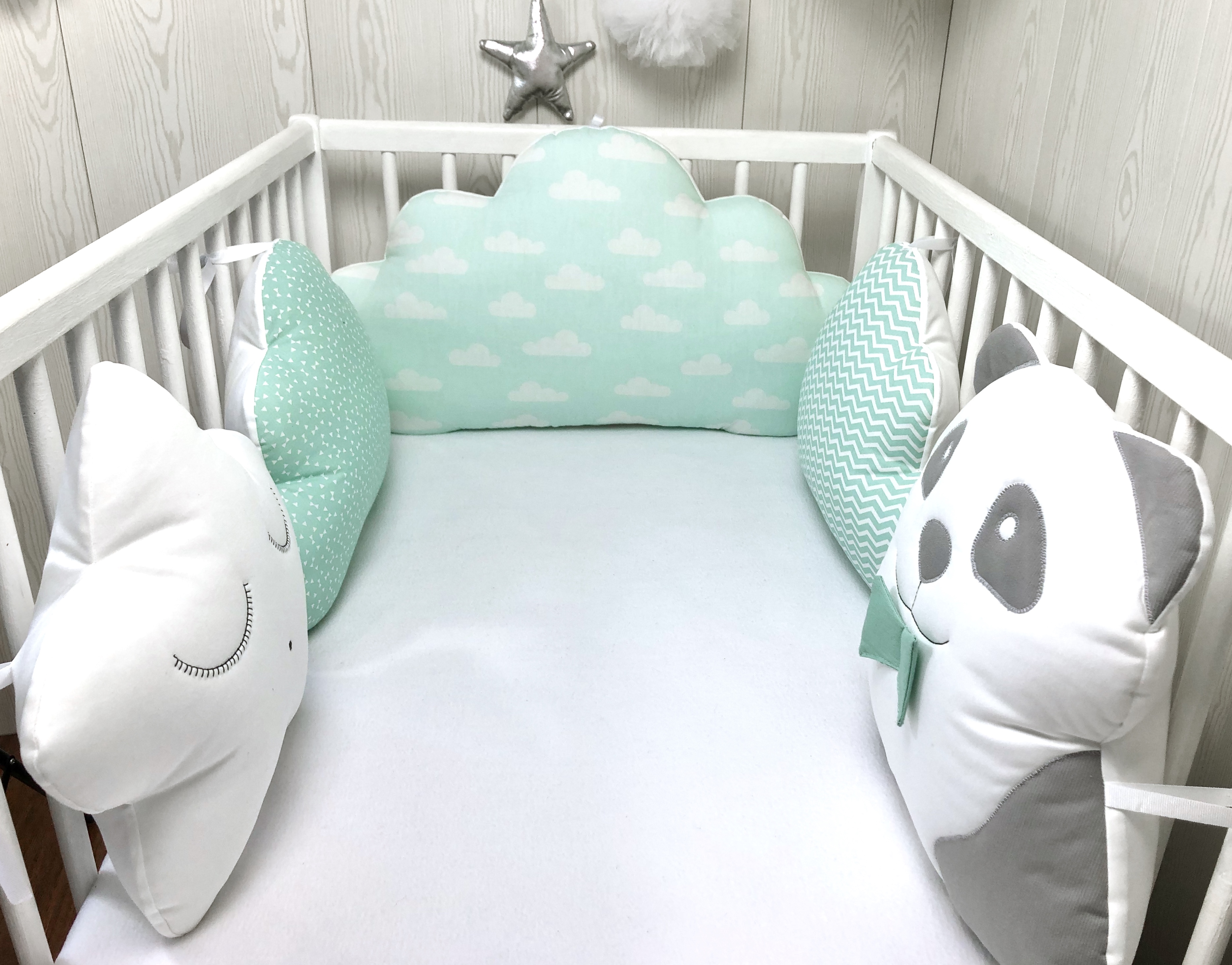 Tour De Lit Bebe En 70cm Large Panda Nuage Et Etoile Vert D Eau Blanc Et Gris Accessoires Bebe Par Petitlion