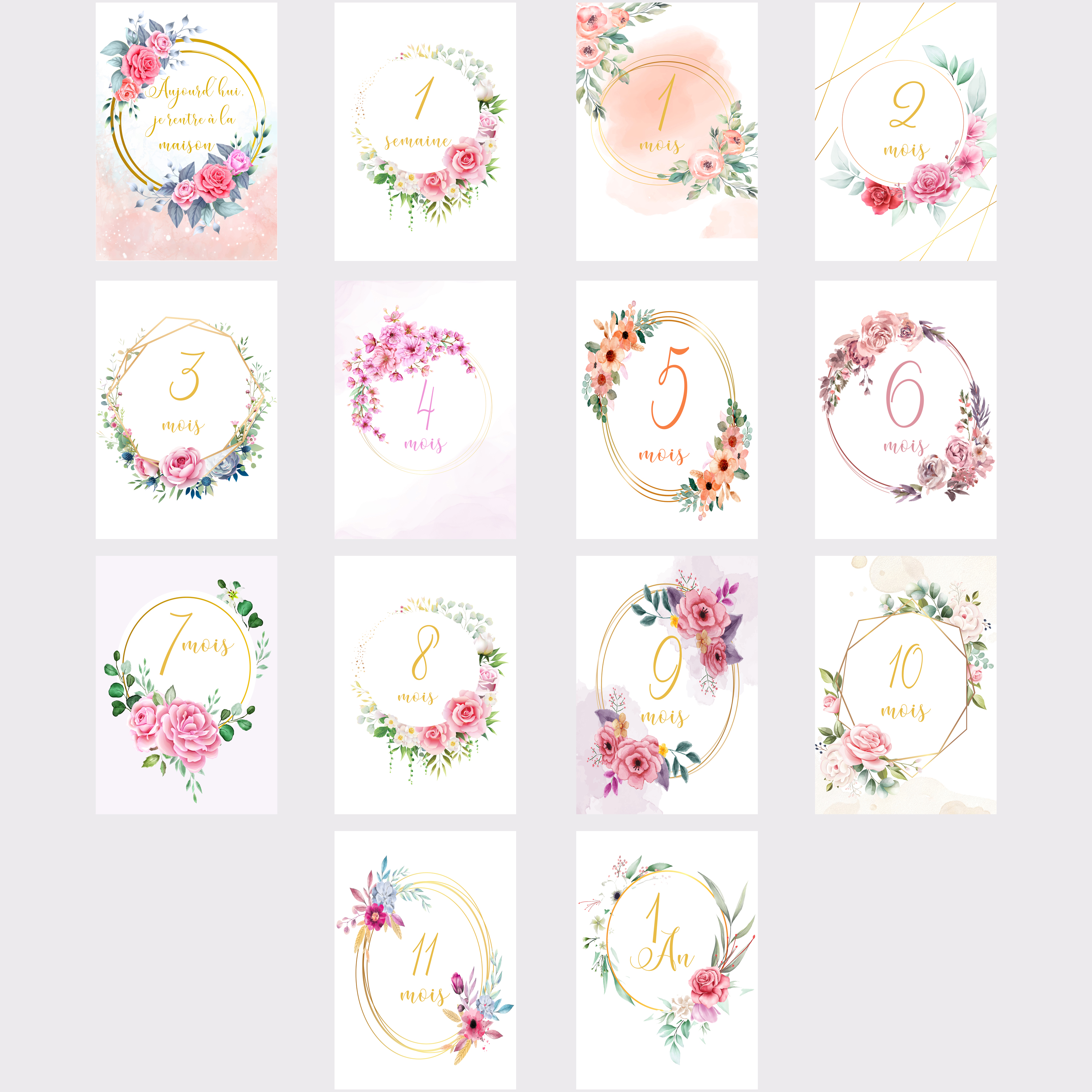 Cartes étape bébé fille ma première année mois par mois motif floral lot de  14 cartes en papier photo idéal cadeau naissance baby shower