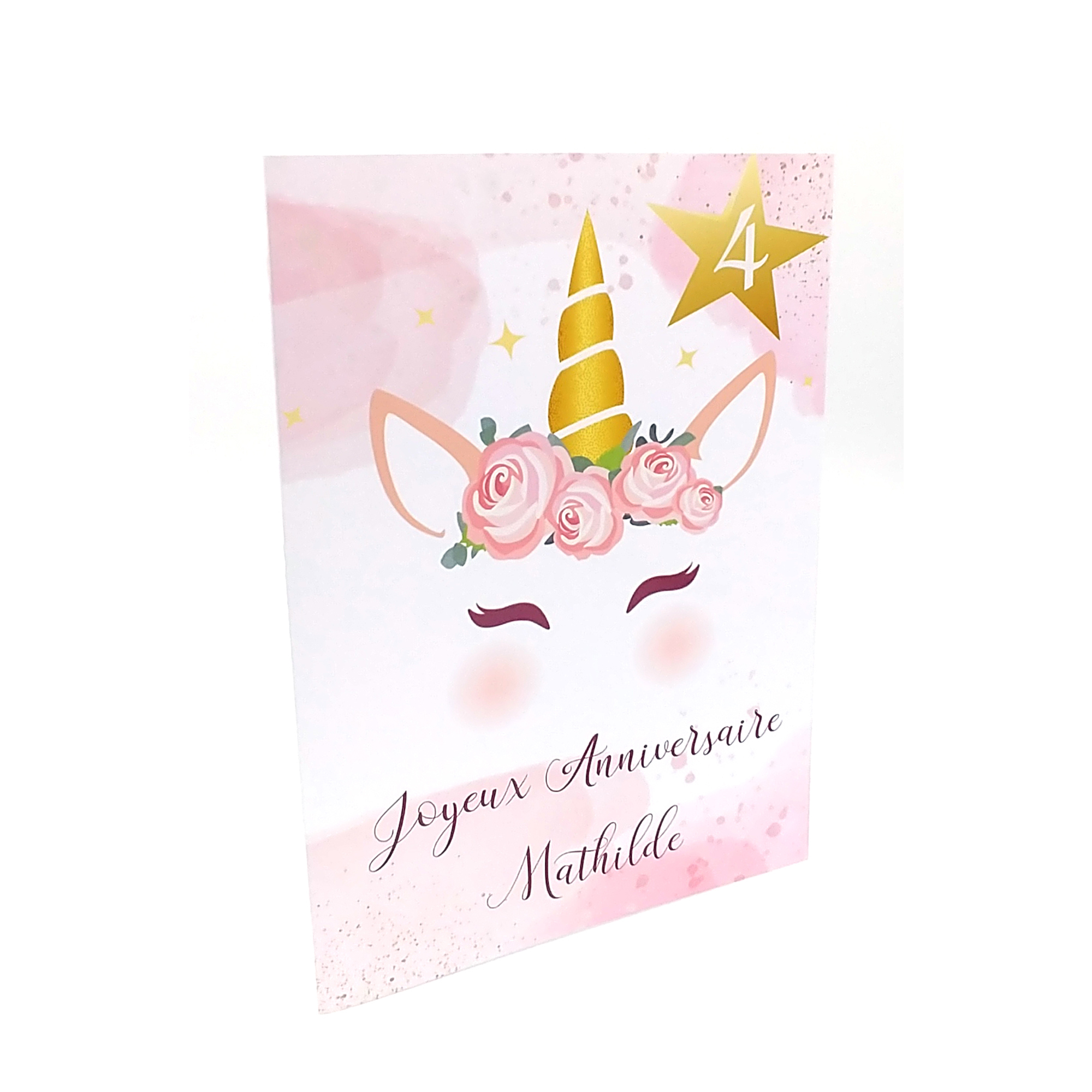 Carte anniversaire licorne fille à personnaliser prénom et âge papier  finition glacé brillant avec enveloppe offerte