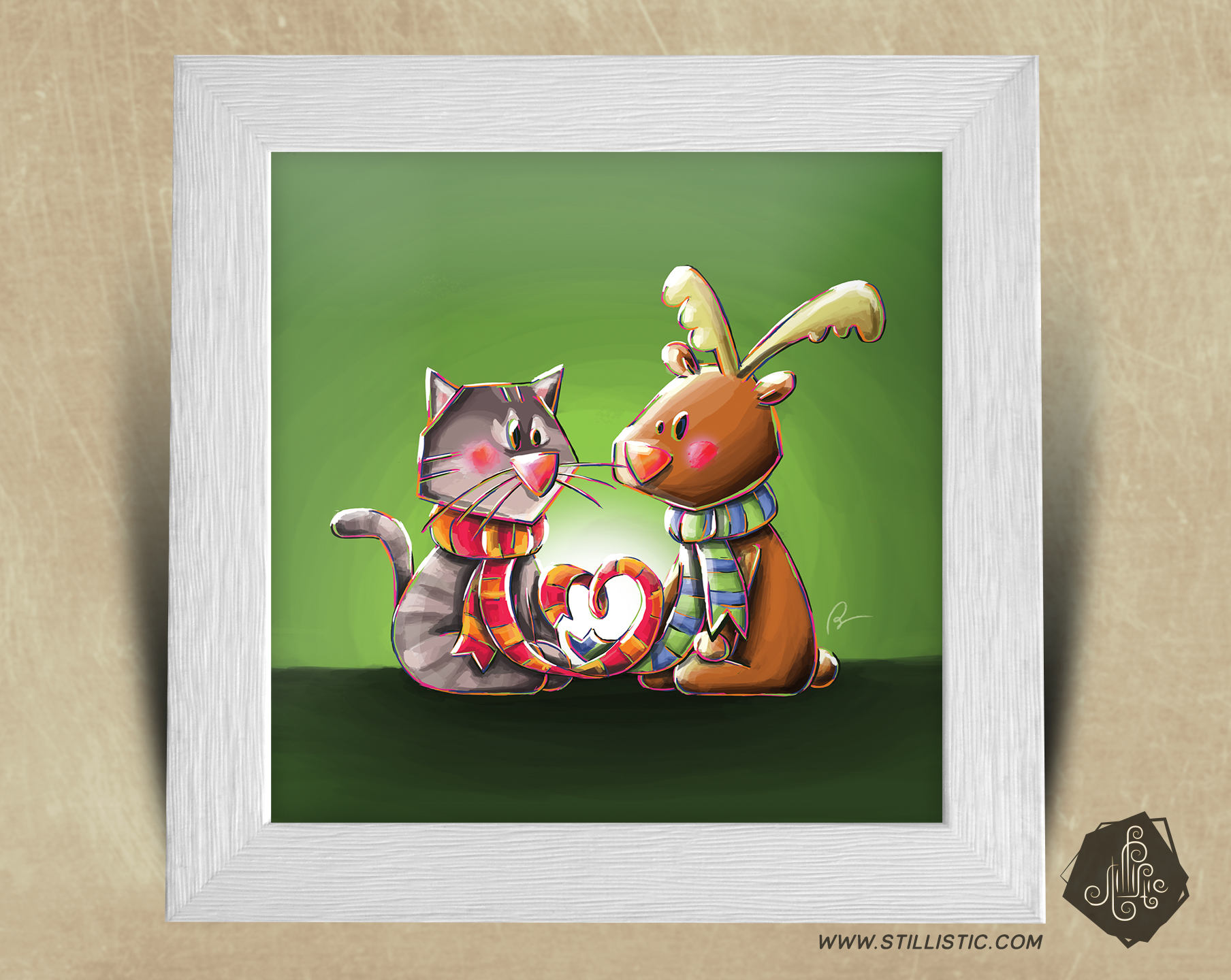 Cadre carré 25x25 cadeau naissance avec illustration chaton et renne pour  chambre enfant bébé : illustrations-dessins par stillistic