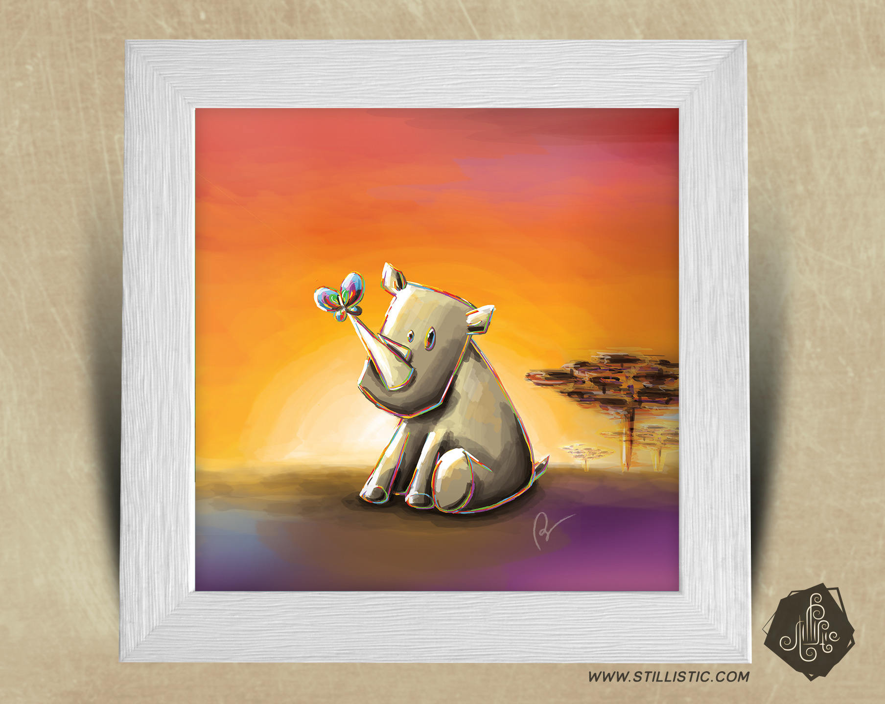 Cadre Carre 25x25 Cadeau Naissance Avec Illustration Bebe Rhinoceros Et Papillon Pour Chambre Enfant Bebe Illustrations Dessins Par Stillistic