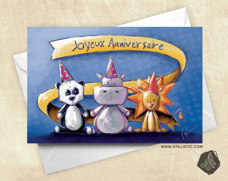 Carte De Voeux Ou Invitation Joyeux Anniversaire Panda Lion Hippopotame Illustrations Dessins Par Stillistic