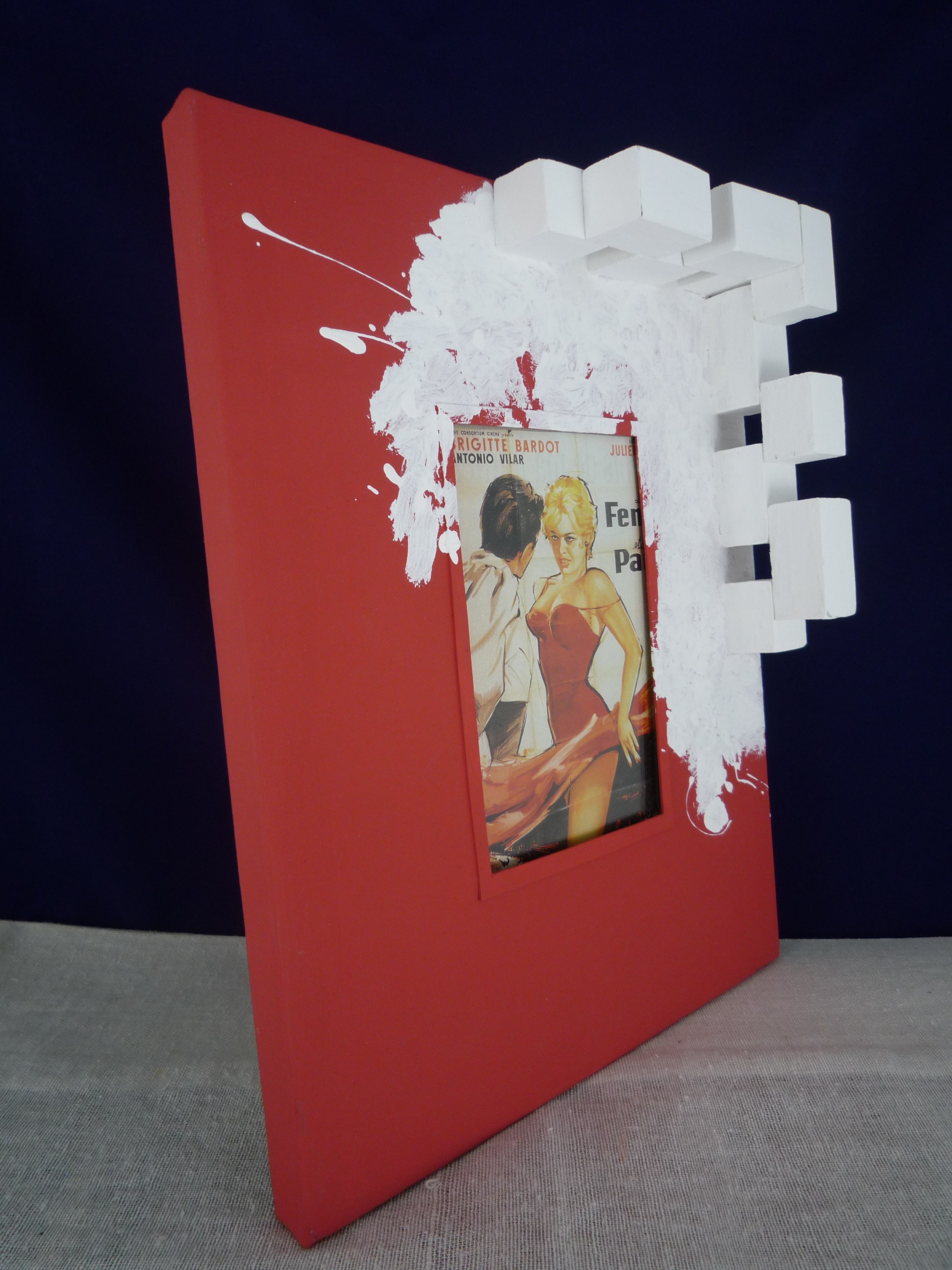 Cadre photo decoratif contemporain original, chassis entoilé toile peinte à la main, travail du
