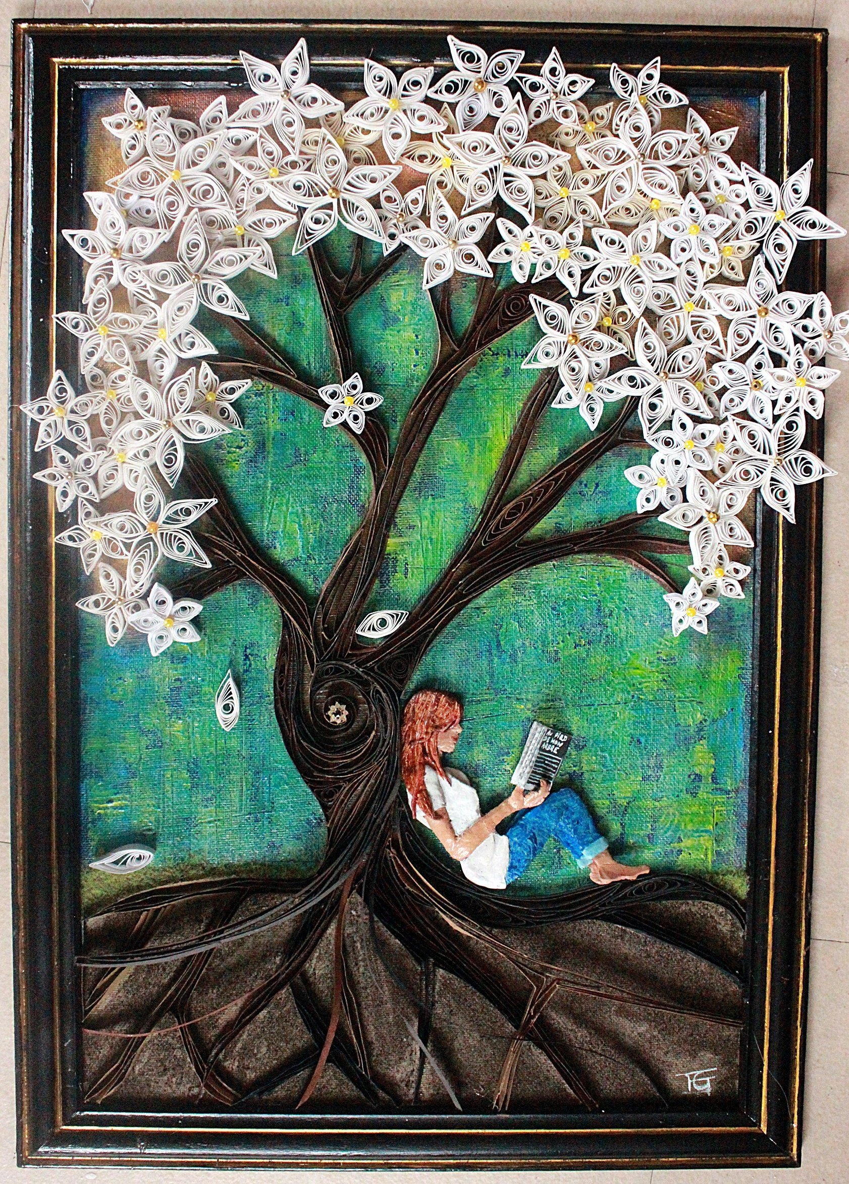 Tableau au pied de mon arbre en quilling et acrylique : tableaux-peintures  par l-art-aux-heures-art-ose