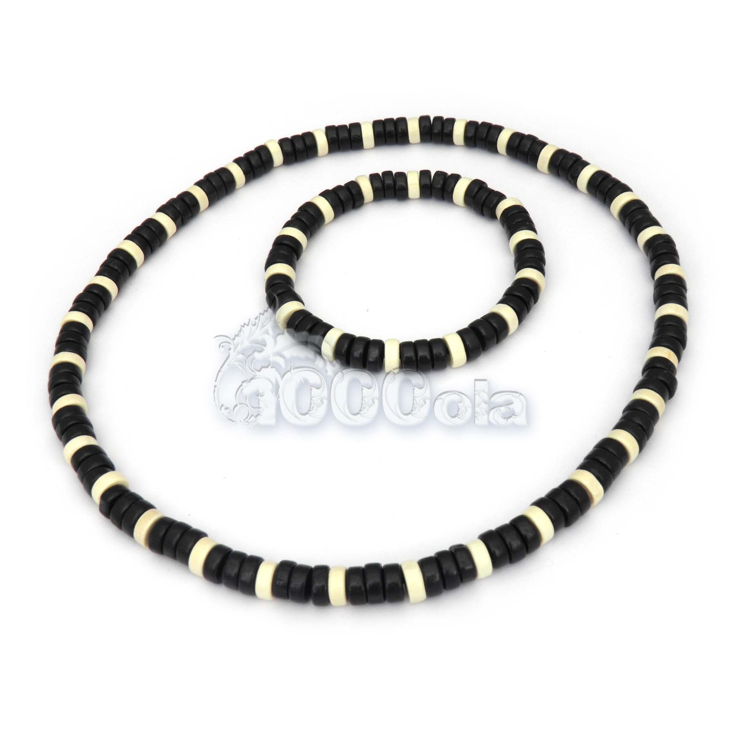 Ensemble collier + bracelet style surfeur/surf homme perles naturelle bois  blanc et noir : bijoux-bijoux-hommes par 1000ola